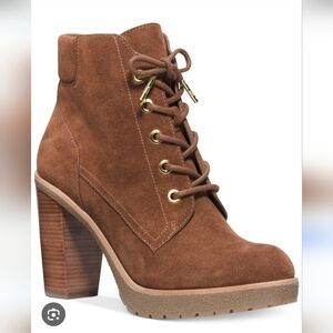 Michael Kors Women's Brown Kim Suede Ankle Lace Up Zipper Lug Sole Boots Sz 8